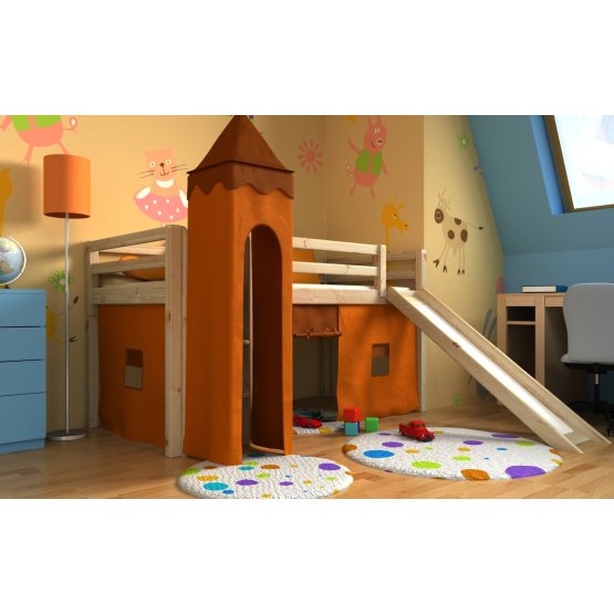Children's loft bed Gabi with tower and a slide - pine