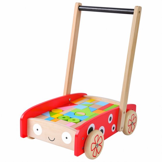 Wooden baby walker with cubes red