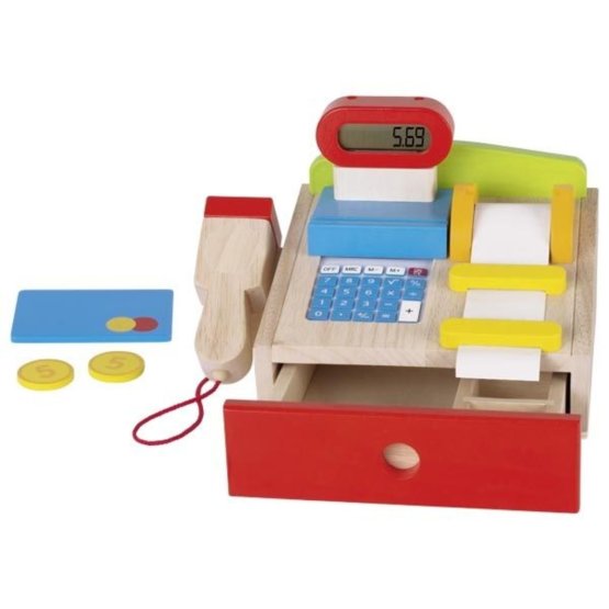 Wooden cash register with calculator