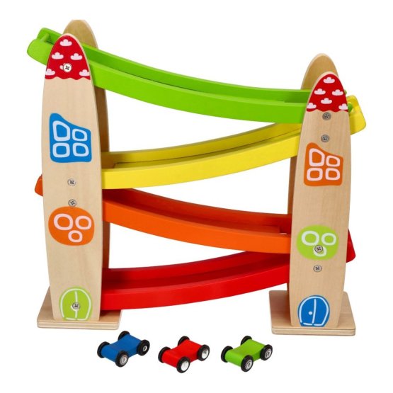 Wooden space slide with toy cars