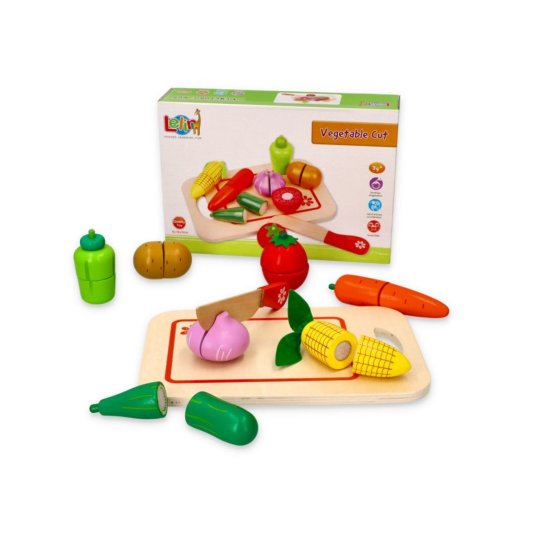 Wooden vegetables with a cutting board