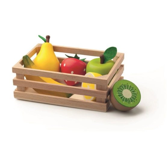 Wooden fruits in a crate