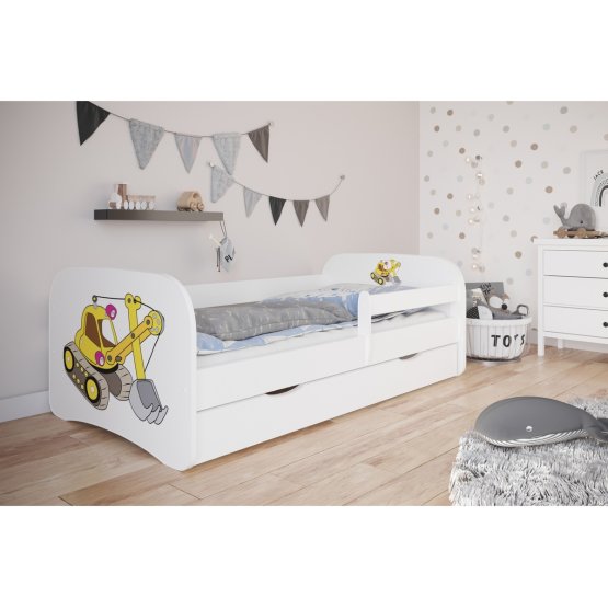 Children's bed with barrier Ourbaby - excavator - white