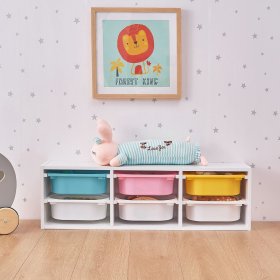 Shelf with storage boxes Explorer - blue / pink / yellow
