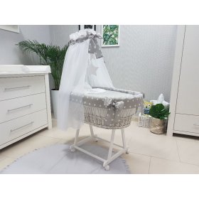 Wicker cot with equipment for baby - gray stars, BabyWorld