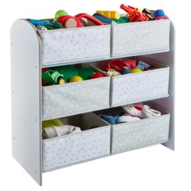 Toy organizer with gray and white boxes